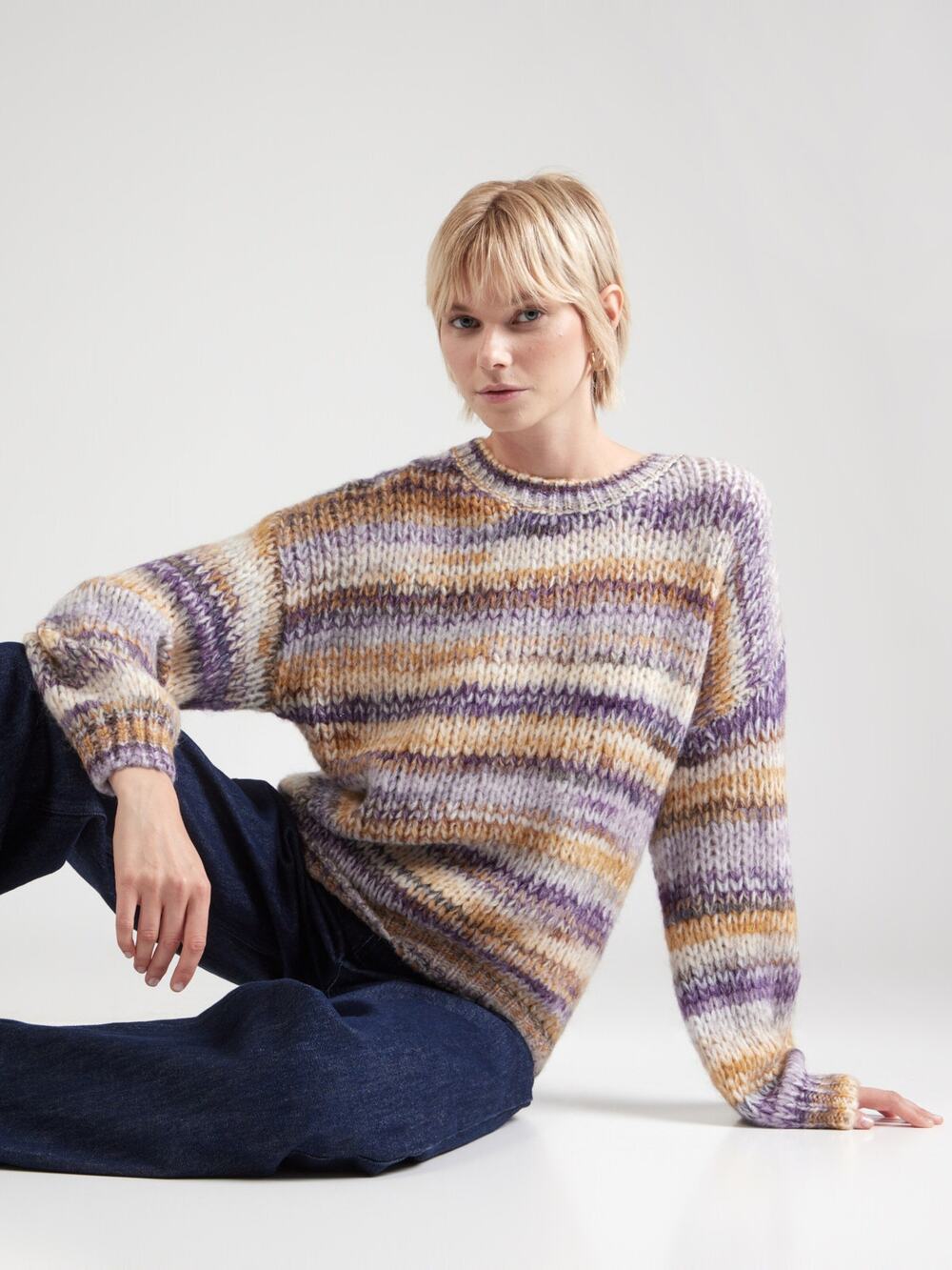 NEW Molly Bracken Carol Crewneck Sweater Purple Stripe Chunky Knit Size M